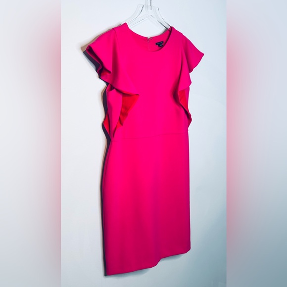 Ann Taylor Fuchsia Hot Pink Red Midi Sheath Flutter Sleeve Dress NWT - Picture 3 of 12